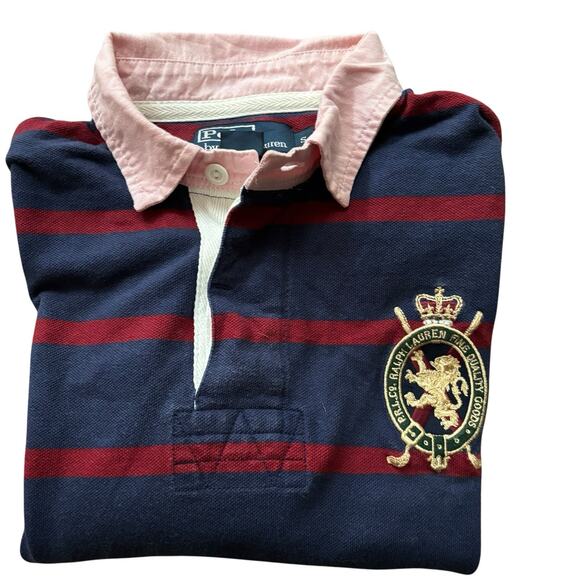 Vtg Polo Ralph Lauren Small Blue Red Stripe Polo Lion Crest Oxford Cloth Collar - Picture 8 of 8